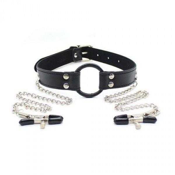 1-00904269 Stymulator-Ring Gag + Nipples Clamps (black) - obrazek 1