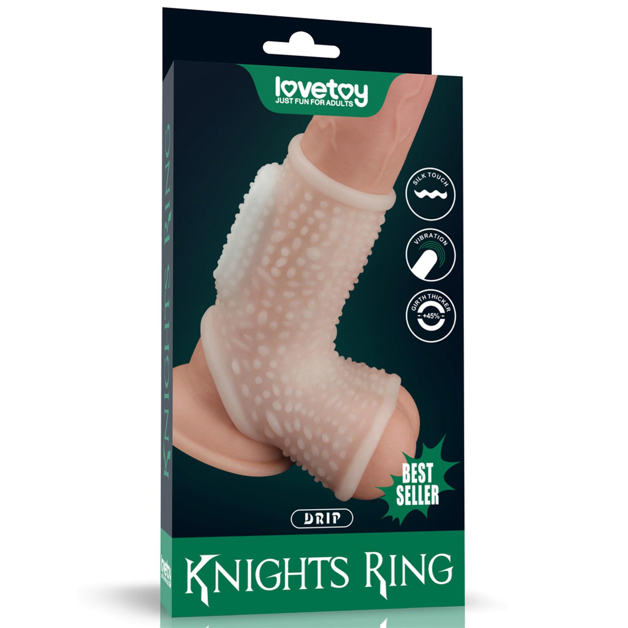 10-LV343116 Vibrating Drip Knights Ring with Scrotum Sleeve (White) - obrazek 1