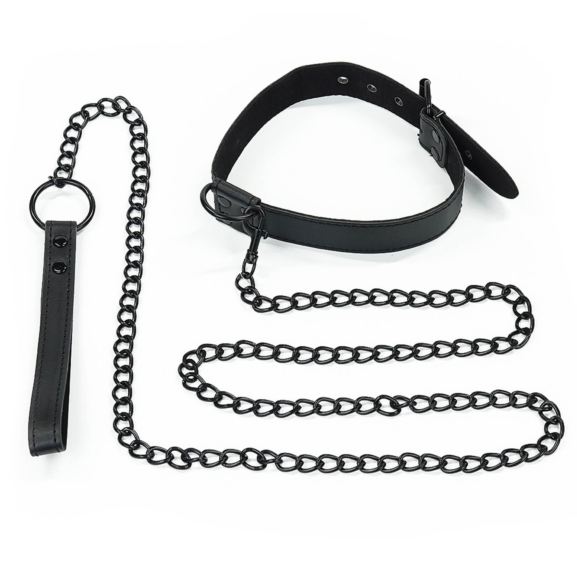 10-LV761003 Bondage Fetish Black Matt Collar With Leash - obrazek 1