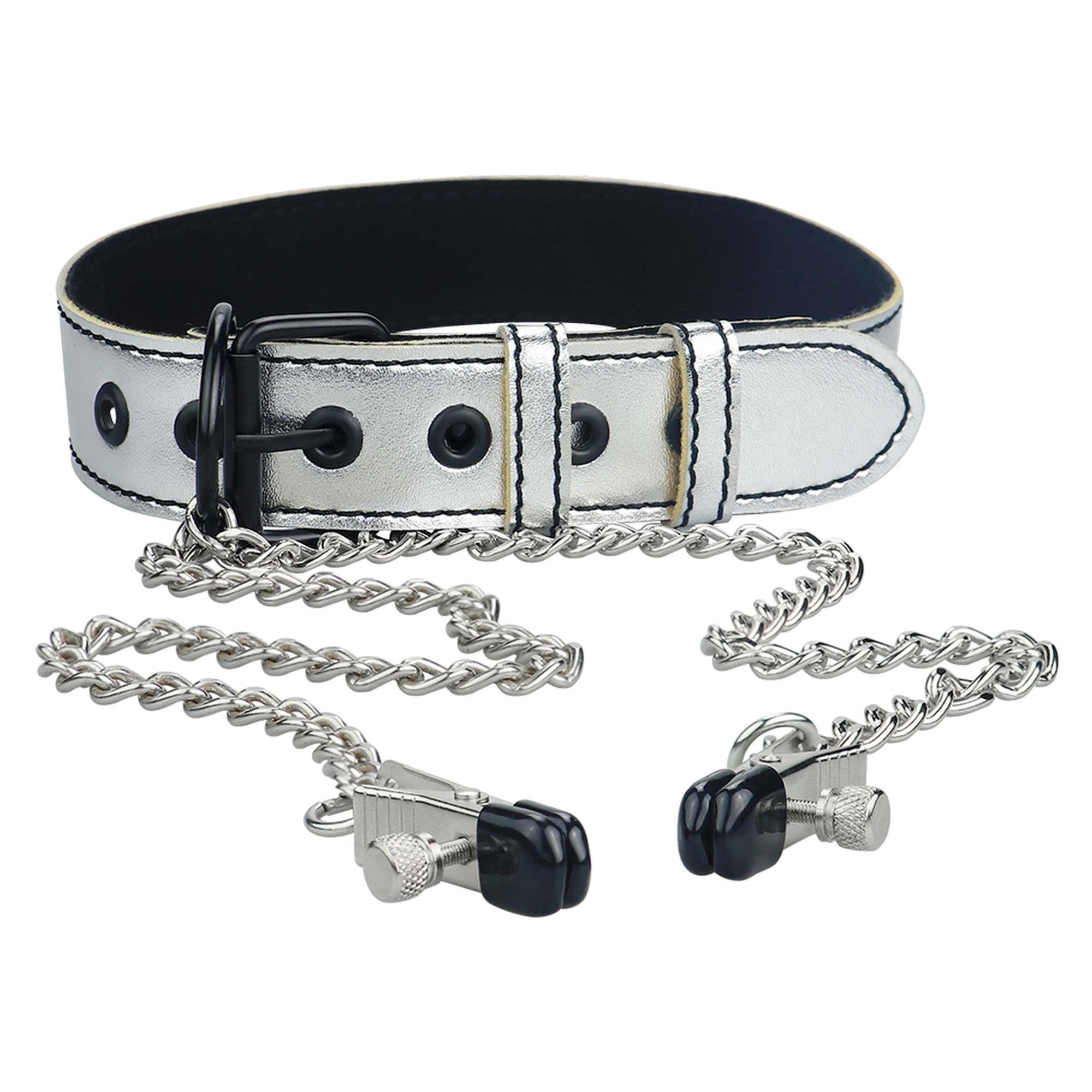 10-LV761006 Metallic Silver Collar With Nipple Clamp - obrazek 1