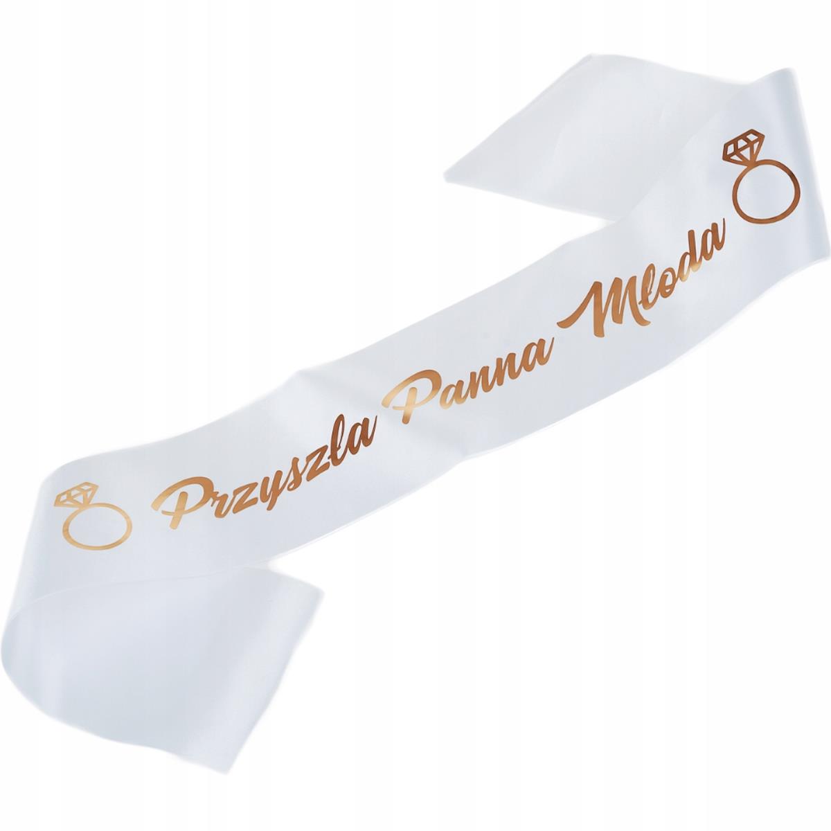 28-00124 Szarfa biała z nadrukiem rose gold Przyszła Panna Młoda - obrazek 1
