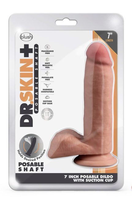 DR. SKIN PLUS  7 INCH POSABLE DILDO WITH BALLS  MOCHA