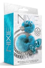 NIXIE METAL BUTT PLUG & FURRY HANDCUFF SET, MEDIUM, BLUE METALLIC