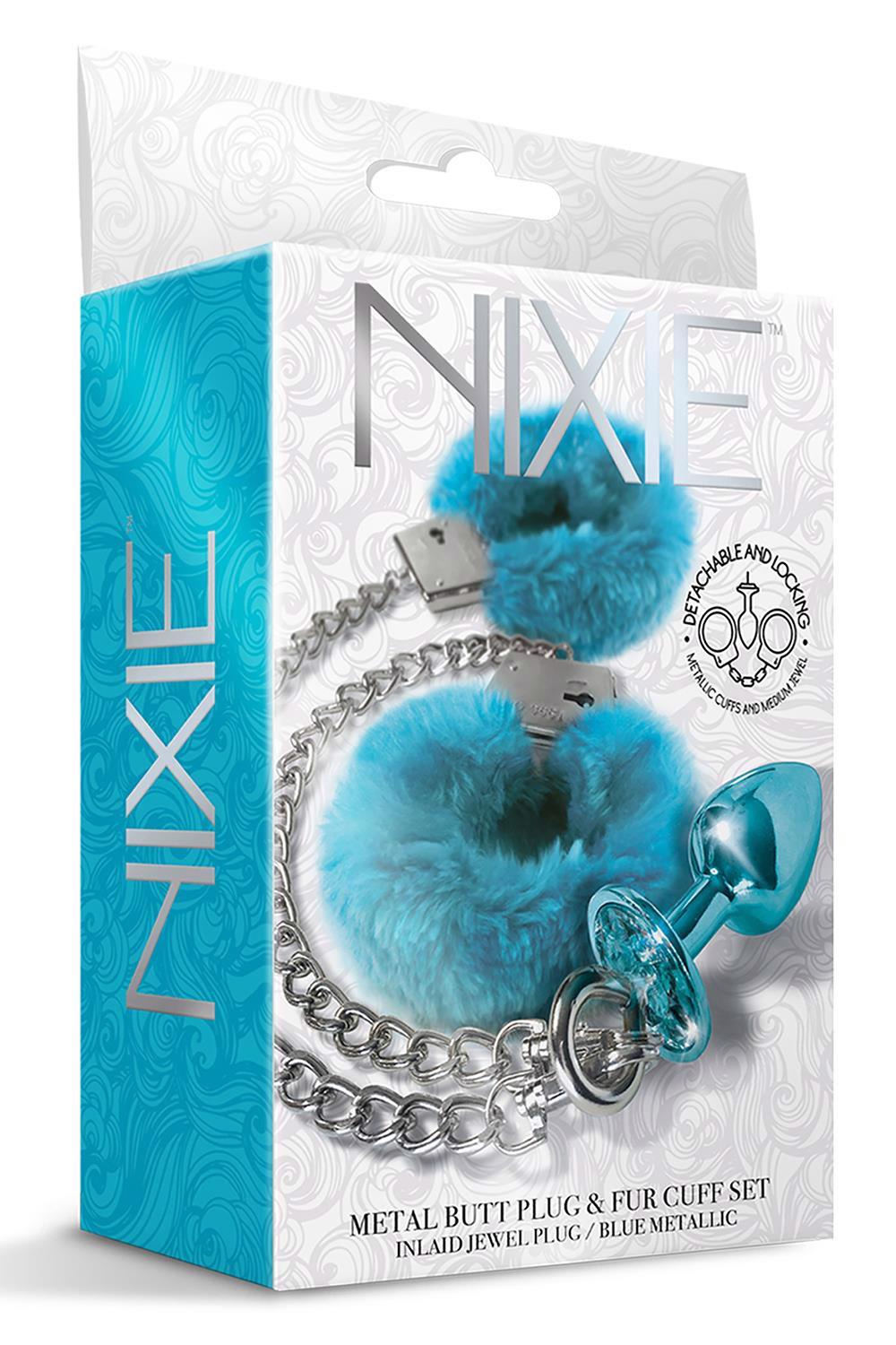 35-880188 NIXIE METAL BUTT PLUG & FURRY HANDCUFF SET, MEDIUM, BLUE METALLIC - obrazek 1
