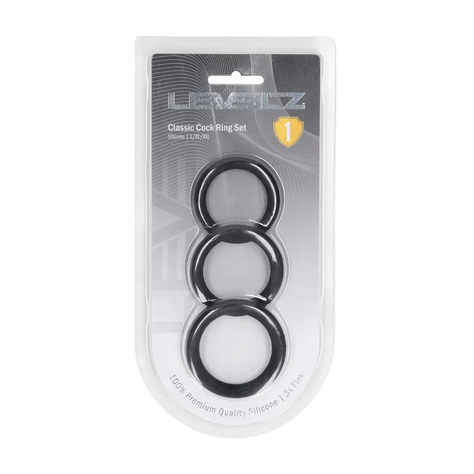 36-LVL01-0007BLK_01 Classic Silicone Cockring Set of 3 - L/XL/XXL - Black - obrazek 1