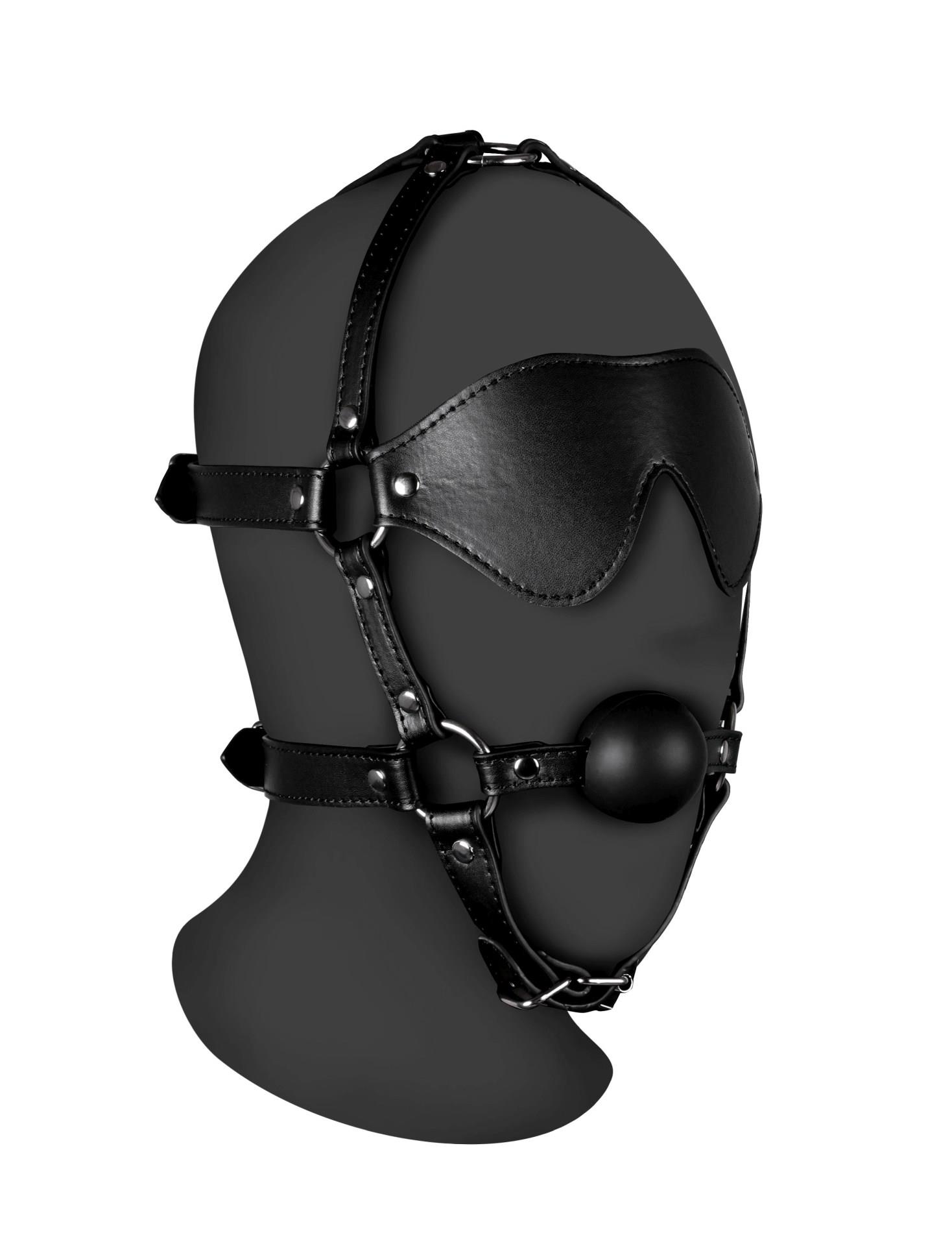 36-OU881BLK Blindfolded Head Harness with Solid Ball Gag - Black - obrazek 1