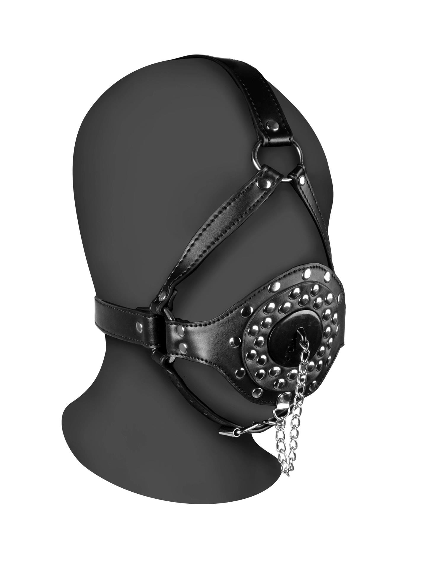 36-OU883BLK Open Mouth Gag Head Harness with Plug Stopper - Black - obrazek 1
