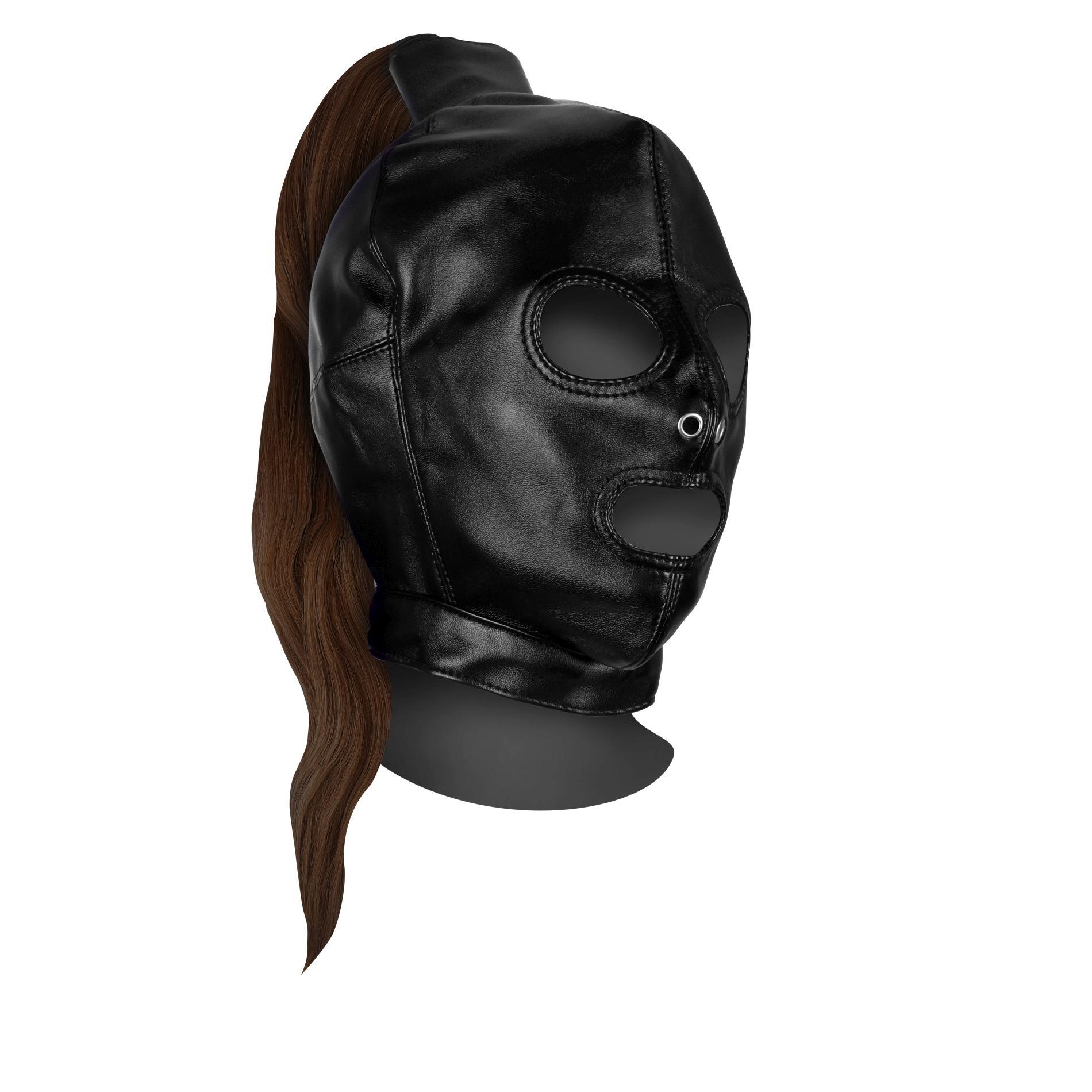 36-OU889BRN Mask with Brown Ponytail - Black - obrazek 1