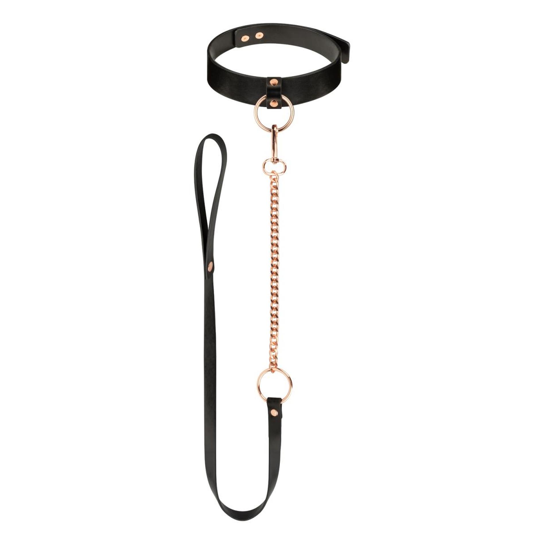 55-RG016 Rosy Gold - Collar with Leash - Black - obrazek 1