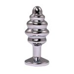 Silver small ribbed butt plug with white crystal - obrazek 2