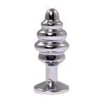 Silver medium ribbed butt plug with pink crystal - obrazek 2