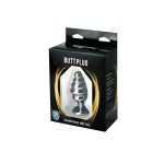 Silver medium ribbed butt plug with red crystal - obrazek 3