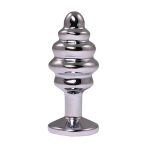 Silver medium ribbed butt plug with white crystal - obrazek 2