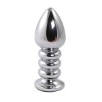 Silver large ribbed butt plug with black crystal - obrazek 2