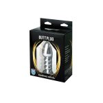 Silver large ribbed butt plug with black crystal - obrazek 3