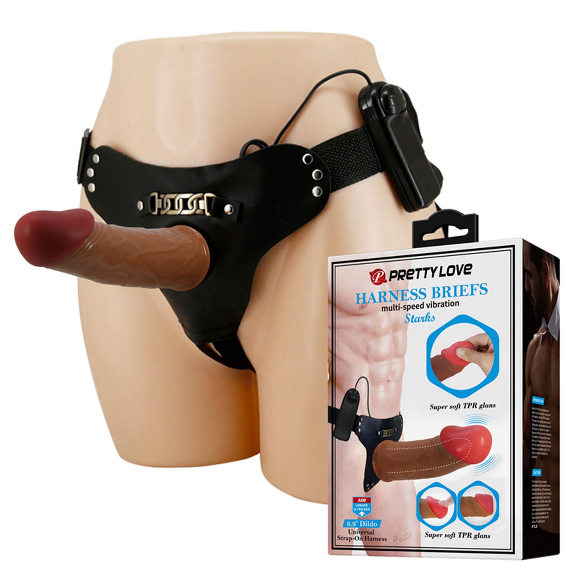 BW-022096Z_01 PRETTY LOVE - HARNESS BRIEFS Starks Universal Strap-On Harness 6,9'' Vibration Dildo Light Brown - obrazek 1
